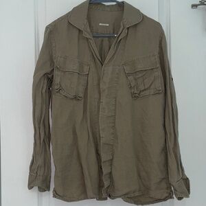 100% Linen Olive Green Button-Up Shirt, Size M
